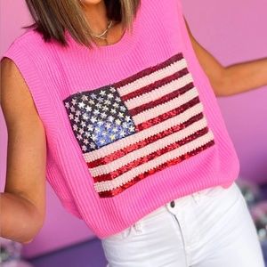 Queen of Sparkles Neon Pink Flag Sweater Tank - Small NWT